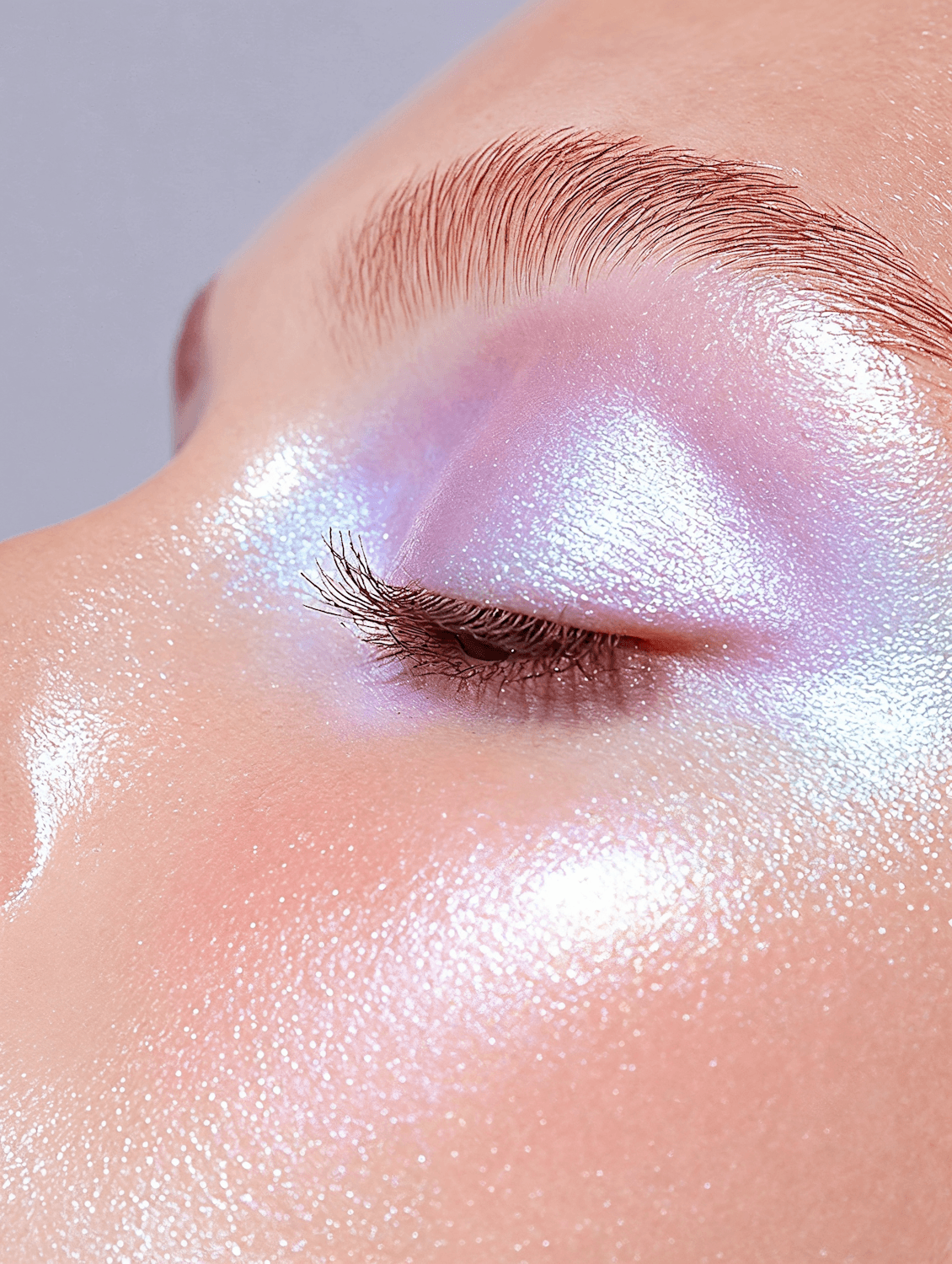 Göz çevresine uygulanmış holografik lila ve pembe glitter